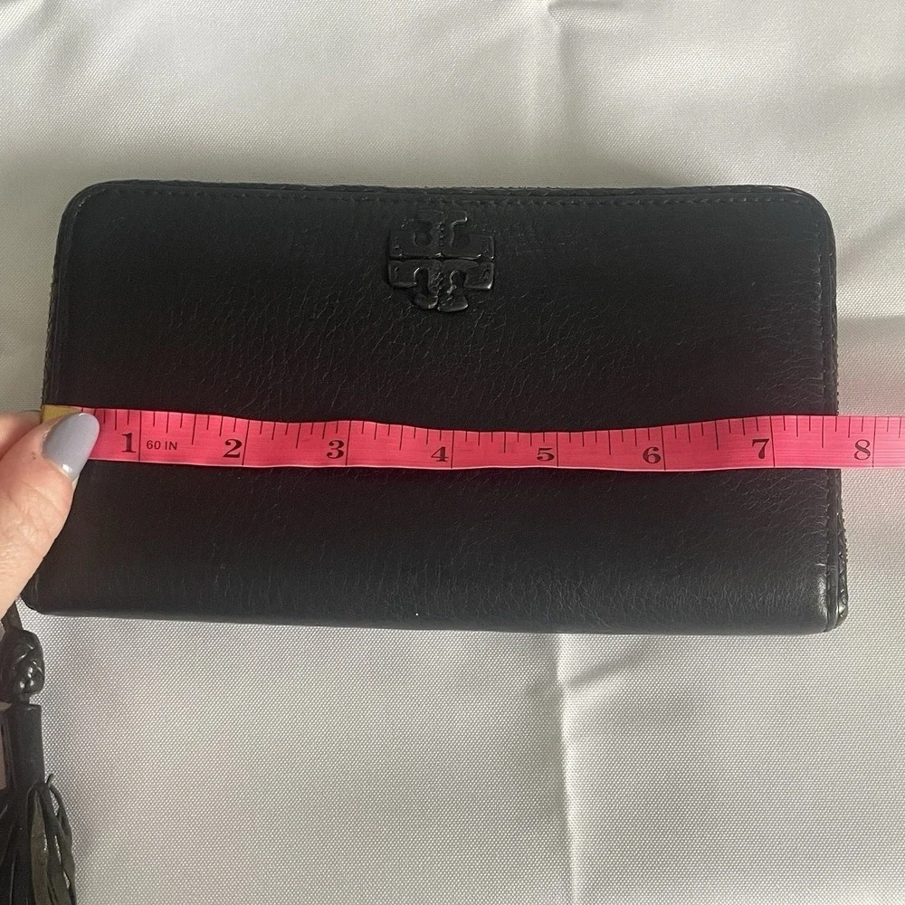 Tory Burch Taylor Zip Continental Wallet in Black Pebbled Leather With Tassel